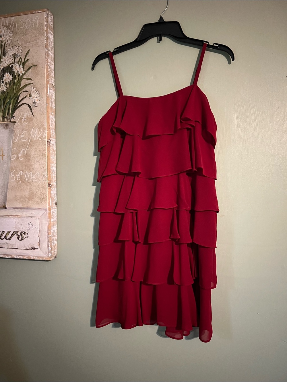 LOFT Cherry Red Layered Ruffle Spaghetti Strap Mini Dress
